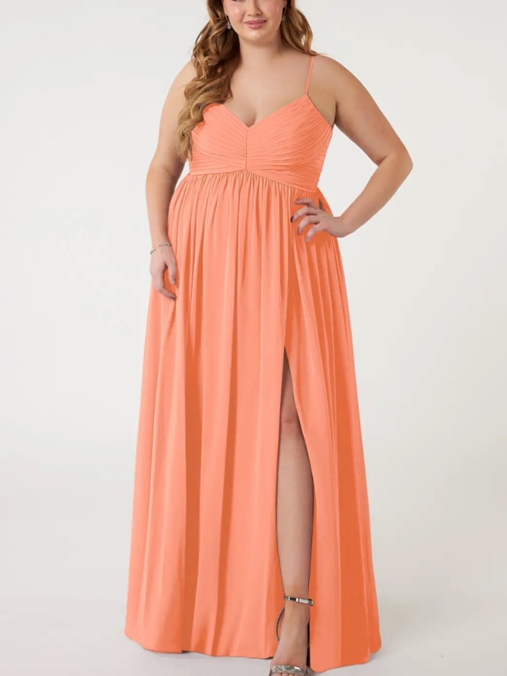 Azazie Alia Sunset A-Line Pleated Chiffon Dress Orange Coral - Plus A 24